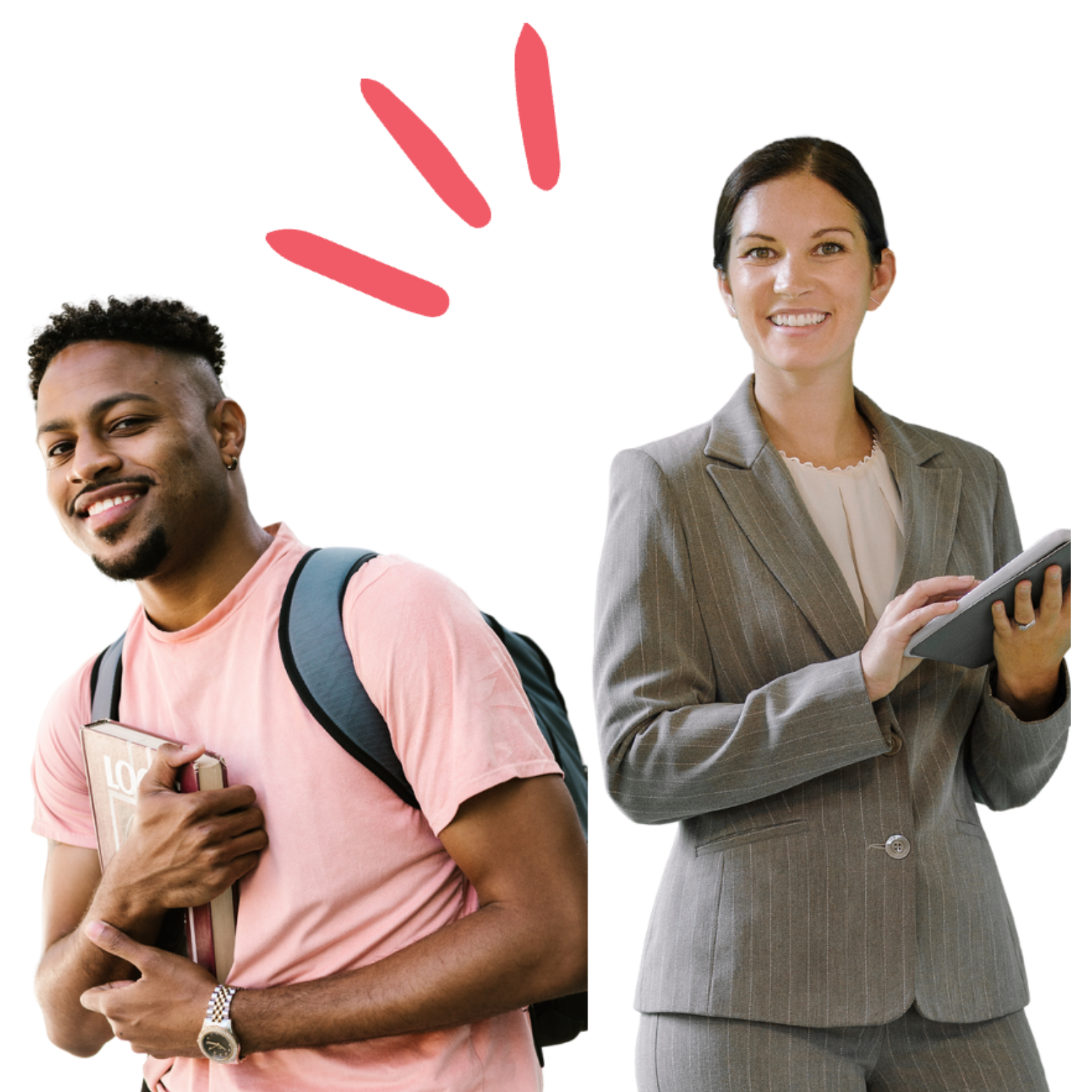 un étudiant avec un t-shirt rose et un sac à dos et sa prof tenant un cvarnet de notes dans ses mains